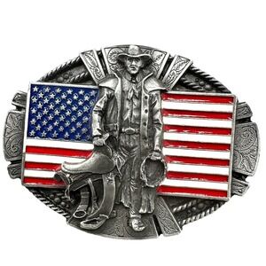 Vintage Bergamot Belt Buckle Patriotic USA Flag Cowboy Saddle Rodeo Western 80s
